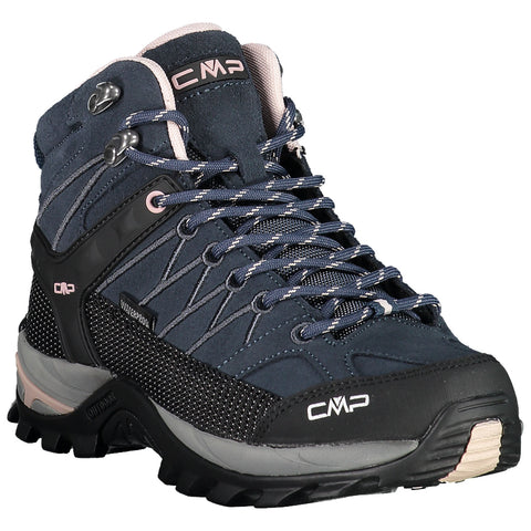 A hiking boot designed for outdoor activity features a dark blue upper with mesh sections and black rubber accents. It is equipped with laces and hooks for secure fitting.