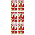 A series of twelve cylindrical containers arranged in two vertical columns each filled with green tennis balls topped with red lids featuring a large white logo and brand name.