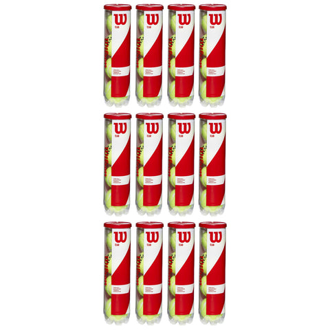 A series of twelve cylindrical containers arranged in two vertical columns each filled with green tennis balls topped with red lids featuring a large white logo and brand name.