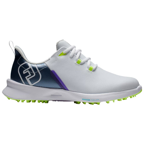 A golf shoe is displayed with a predominantly white upper featuring colorful accents in purple and green. It has a sleek design suitable for sports activities, resting on a flat surface.