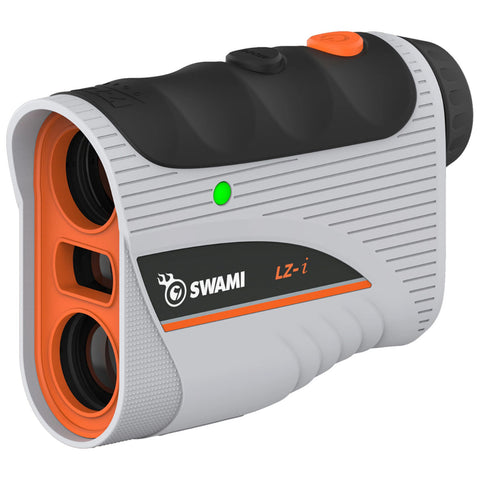 A compact rangefinder with a white and black casing features an orange button and accents. It is designed for measuring distances outdoors, likely used in sports or recreational activities.