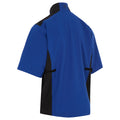 A blue short-sleeved shirt with black accents is displayed from the back showing a high collar and side details designed for active wear and movement in casual or sports settings