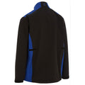 A black and blue jacket stands upright showcasing its back with a high collar and long sleeves the design features contrasting colors and two side pockets