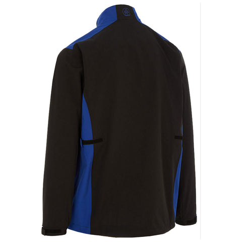 A black and blue jacket stands upright showcasing its back with a high collar and long sleeves the design features contrasting colors and two side pockets