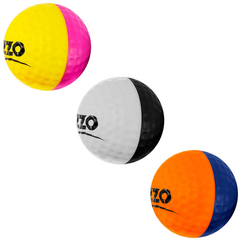 Three brightly colored balls are displayed in a row. The yellow and pink ball is on the left, a black and white ball is in the middle, and an orange and blue ball is on the right.