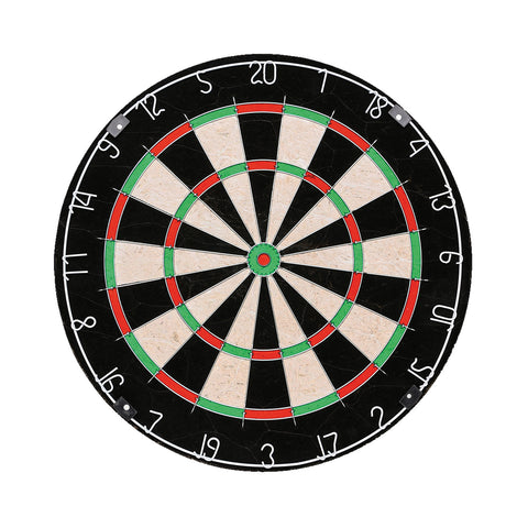 A circular dartboard features alternating black and white sections with green and red accents around the outer rings numbers from 1 to 20 are marked on the edge