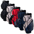 Five golf bags in varying colors including black red and navy are lined up side by side showcasing their compartments and design details against a plain background