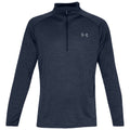 A dark gray long-sleeve athletic shirt features a half-zip collar and a logo on the chest region designed for active wear in a casual or sports setting.