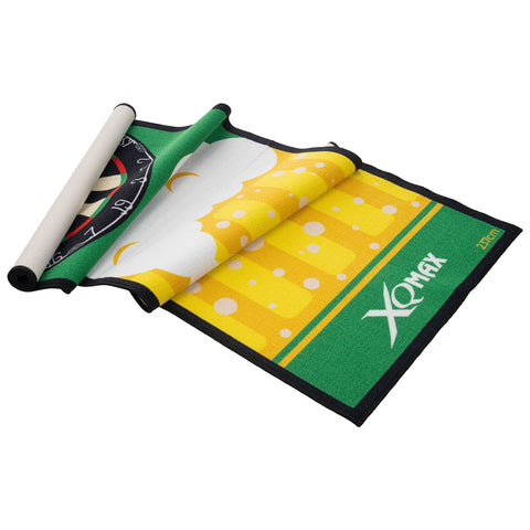 A rolled bar mat displays a colorful design featuring beer mugs and bubbles against a green background labeled with a brand name showcasing a playful and festive atmosphere suitable for pubs or parties.