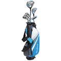 A golf bag stands upright featuring a blue and white design holding several golf clubs arranged for easy access in a potential outdoor golfing context