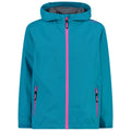 A bright teal jacket features a zippered front and a hood with pink accents and zippers on the sides suitable for outdoor activities in cool weather.