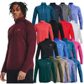 A young man in a red athletic shirt poses while various long-sleeve shirts in multiple colors hang next to him showcasing a range of styles from the same brand.