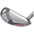 A golf chipper is positioned at an angle showcasing its flat face and contoured sides designed for precision shots around the green the club features a sleek metallic finish with red and gray accents.