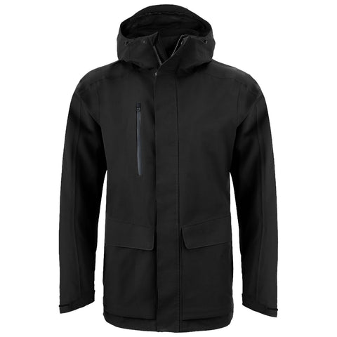 A black jacket with a hood hangs upright displaying a front zip and two large pockets on each side designed for protection against cold weather in outdoor settings.