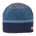 A knitted beanie with a blue and gray patterned top and dark blue ribbed band sits upright against a plain background showcasing its design and texture.