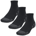 Three pairs of black socks are arranged together with ribbed tops and reinforced gray soles showcasing a simple but functional design suitable for casual or athletic wear.