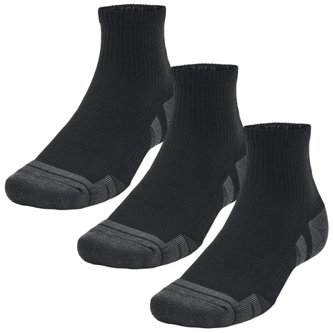 Three pairs of black socks are arranged together with ribbed tops and reinforced gray soles showcasing a simple but functional design suitable for casual or athletic wear.