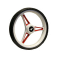 A golf trolley wheel with a three-spoke design features a white rim with red accents and a black tire. It is displayed against a plain background, highlighting its details.