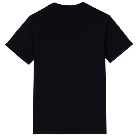 A plain black t-shirt is displayed flat without any visible text or designs presenting a simple and neutral clothing option suitable for casual wear in various contexts.