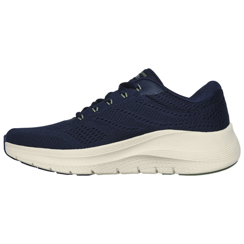 A dark blue athletic sneaker rests on a flat surface featuring a lightweight design with mesh material and a cushioned sole demonstrating a style suitable for running or casual wear.