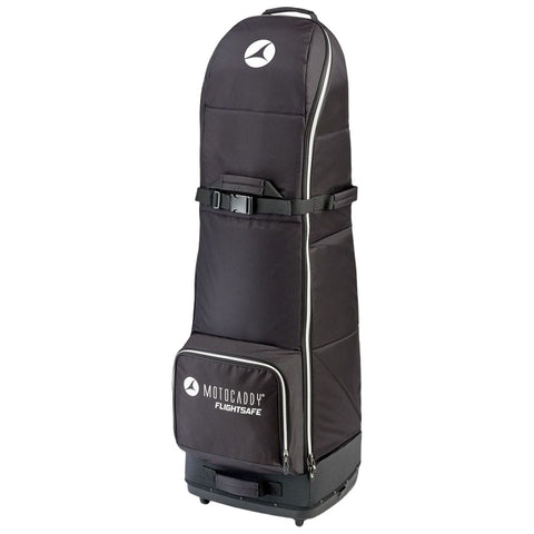 A tall black travel bag designed for golf equipment features straps and wheels for portability and a front pocket for accessories, situated against a plain background.