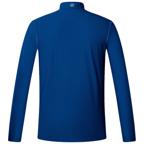 A blue long-sleeve shirt is displayed with a high collar and a smooth texture. The shirt is oriented backward, showcasing its back design and color.