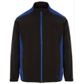 A black and blue jacket with a zippered front has long sleeves and side pockets, designed for outdoor wear or casual use, presented against a plain white background.