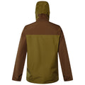 A waterproof jacket is displayed from the back with a two-tone design featuring dark brown and olive green colors its hood is up and the sleeves are slightly gathered at the wrists.