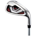 A golf club is displayed with a sleek silver head featuring a black and red design The club is designed for striking golf balls on the course