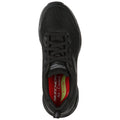 A black sneaker features a mesh upper design alongside traditional laces. Inside, it displays a red and green insole labeled Skechers Air-Cooled Arch Fit providing support and comfort.