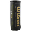 A cylindrical black container holds padel balls labeled Wilson Premier Padel Ball Speed showcasing a sleek design and vibrant graphics in gold and white against a dark background.