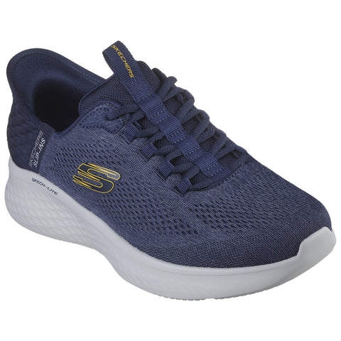 A blue athletic shoe is positioned at an angle showing its lightweight mesh upper and cushioned sole highlighting the brand logo on the side and laces on top.