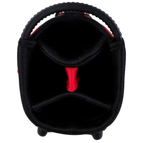 A black bag with a red interior features three compartments and a sturdy handle on top it sits on four small feet and is designed for carrying items securely