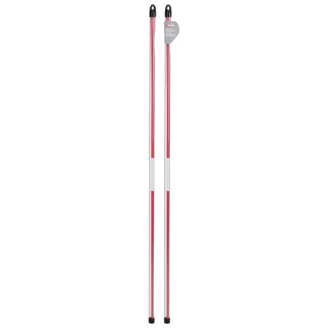 Two red and white canes are displayed upright with black tips and a label attached at the top showing product details. The background is blank and white.