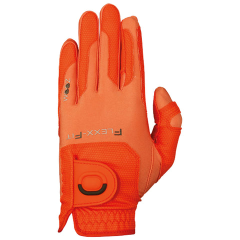 A bright orange glove with a textured surface is displayed open with fingers extended showing its design and fit showcasing potential use in outdoor activities or sports.