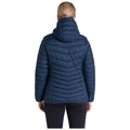 A navy blue padded jacket with a hood is displayed frontally featuring a zip closure and side pockets in a plain context, emphasizing its insulated design for warmth.