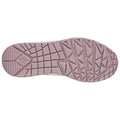 A sneakers sole is displayed featuring a textured rubber surface designed for traction with a series of patterns and grooves in a light pink and gray color scheme