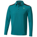 A turquoise long-sleeve polo shirt with a collar features black shoulder panels and a small yellow logo on the chest, suitable for casual or athletic wear.