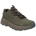 A green hiking shoe with textured fabric and laces is positioned at an angle showcasing its sturdy sole designed for outdoor activities in natural terrain.