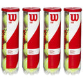 Four cylindrical containers filled with green tennis balls stand side by side. Each container displays a red and white design with the Wilson logo and product information.