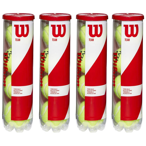 Four cylindrical containers filled with green tennis balls stand side by side. Each container displays a red and white design with the Wilson logo and product information.