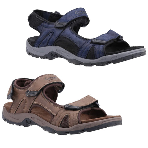 Two pairs of outdoor sandals are displayed one above the other. The upper pair is navy blue with adjustable straps while the lower pair is brown with similar adjustable features, set against a neutral background.