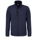 A navy blue jacket with a high collar features a front zipper and two side pockets designed for warmth and comfort in casual or outdoor settings.