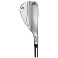 A golf wedge features a shiny silver clubhead with angled grooves and markings including the number 60 and brand logo. It stands upright against a plain background.