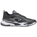 Black and gray athletic shoe designed for golf features a sleek profile with a textured sole providing grip in outdoor settings. A white logo is displayed on the side.