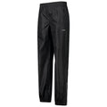 Black waterproof pants stand upright showcasing a sleek design with an elastic waistband side pockets and zippers at the ankles suitable for outdoor activities in wet conditions.