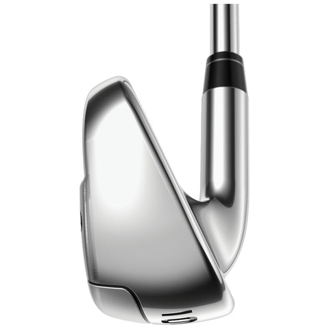 A golf club head is shown positioned at an angle with a shiny metallic finish reflecting light against a plain white background, emphasizing its sleek design and curvature.