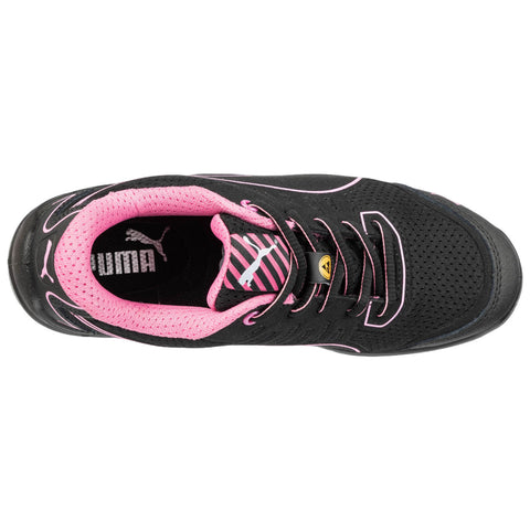 Black athletic shoe featuring pink accents and laces resting on a flat surface with a visible logo on the insole and an overall sporty design suitable for casual or active wear.