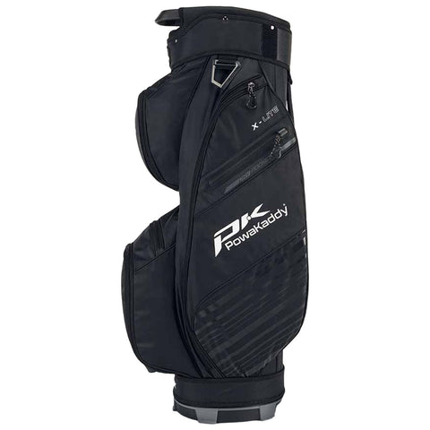 A black golf bag is standing upright featuring multiple zippered pockets and a firm base designed for stability on the ground showcasing the brand name Powakaddy in white lettering