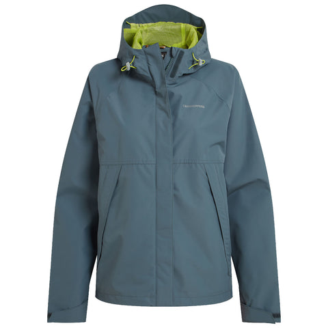 A teal waterproof jacket with a hood is displayed. It features a zipper and bright green inner lining, designed for outdoor activities in varying weather conditions.